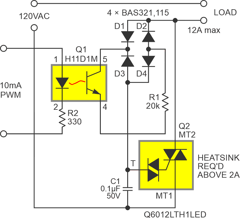 The quadrac Q2 conduction-angle triggering time constant = R1C1/D, where D is the PWM duty factor from 0 to 100%.