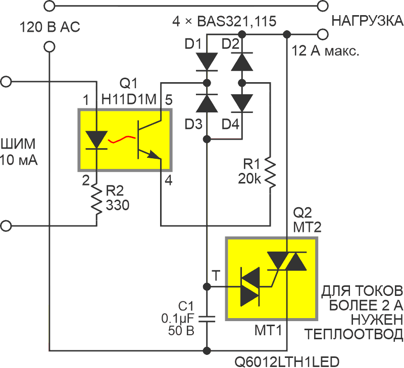 Постоянная времени, определяющая угол проводимости для quadrac Q2, равна R1C1/D, где D - коэффициент заполнения ШИМ от 0 до 100%.