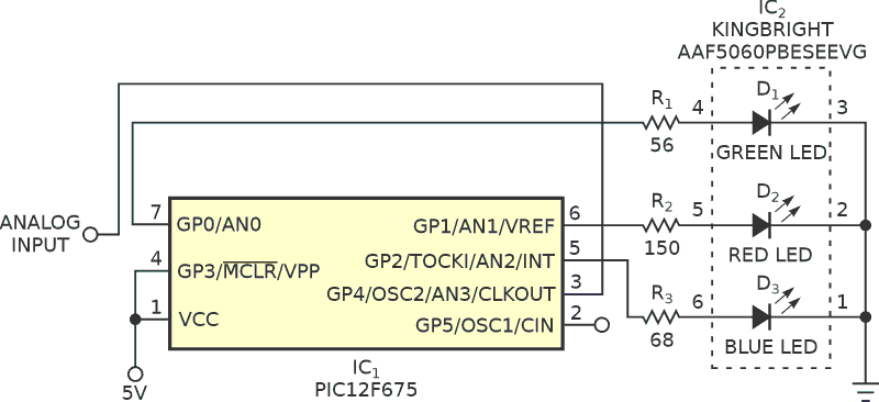 Using a minimal number of components, this voltage-to-color converter uses a single rainbow LED to monitor an analog voltage level.