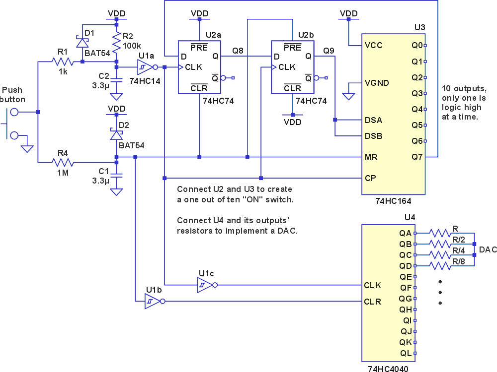 A 10-position switch with only one active high output at a time, and a DAC are shown.