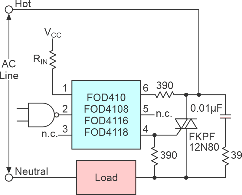 A simplified triac drive arrangement that will turn on AC line voltage to a load.