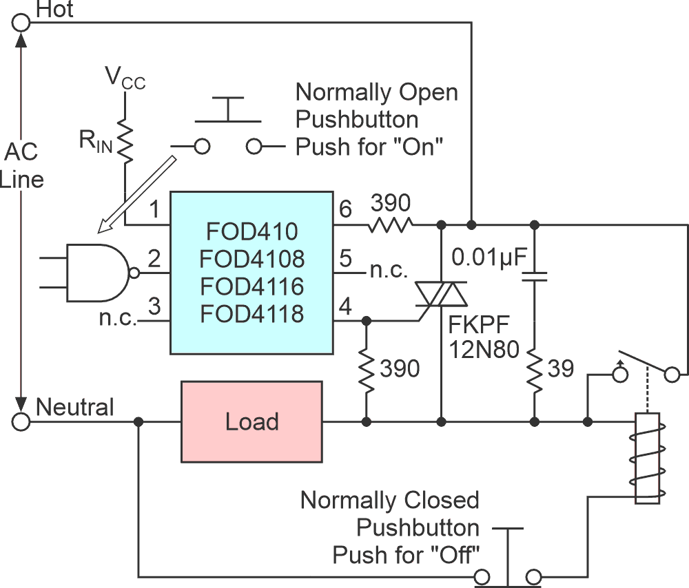 The revised triac drive arrangement with a relay added such that when the pushbutton is pressed, the triac turns on AC to the load using its zero-crossover feature.
