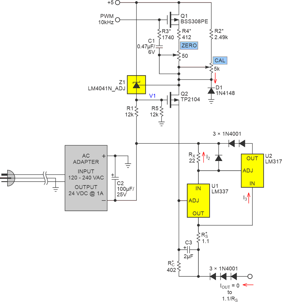 Negative current source circuit incorporates means for compensating component tolerances, including those of U1 and Z1 references. Note RS = 1.1 Ω and should be rated for more than 1 W.