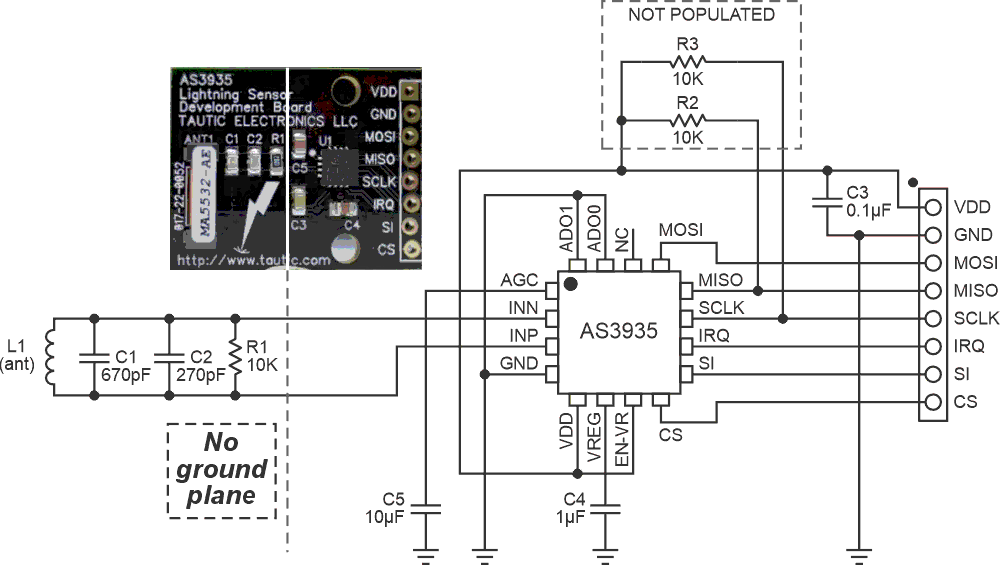 The schematic diagram highlights design details of an AS3935 lightning sensor module.