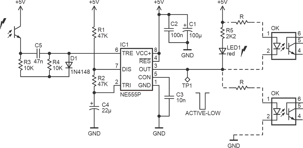 The circuit generates a clean, fixed-duration output pulse in response to a rising edge input.