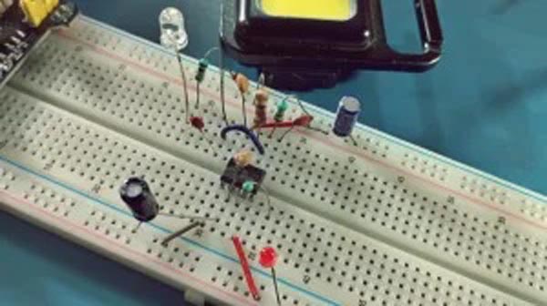 The prototype used a cheap keychain strobe light to simulate lightning flashes.