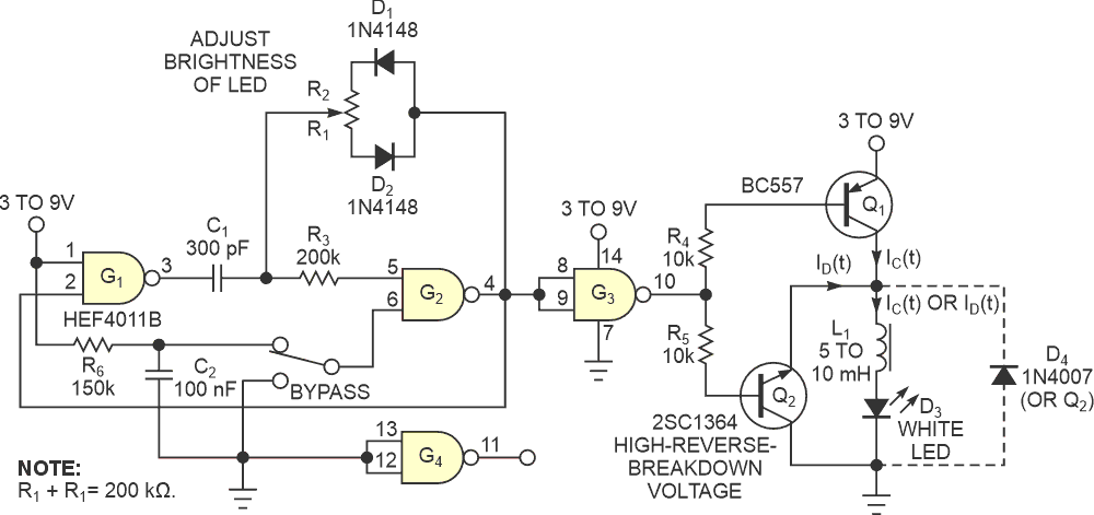 This circuit lights an LED without wasting power when the source voltage is much higher than the LED's operating voltage.