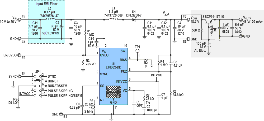 A capacitance multiplier (gray) added at the output to the original circuit suppresses audio-frequency noise produced by the switching regulator.