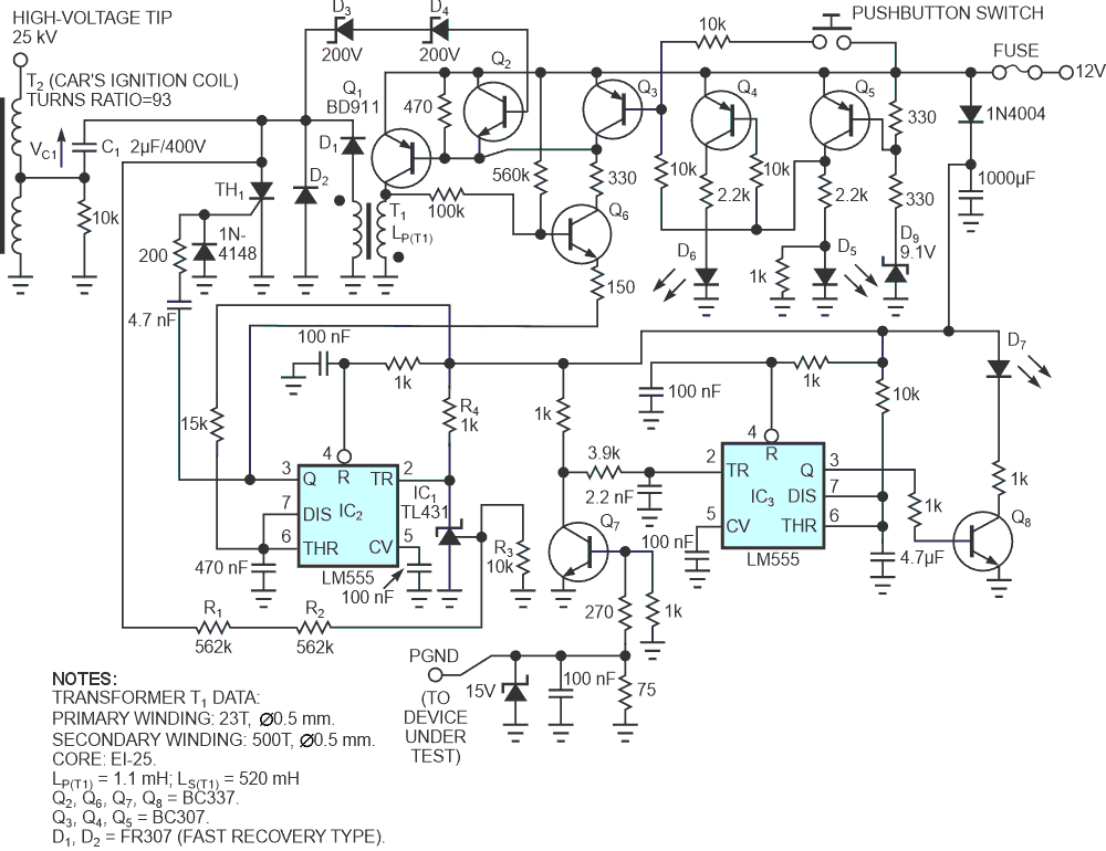 Using a car's ignition coil produces a test voltage as high as 25 kV for insulation testing.