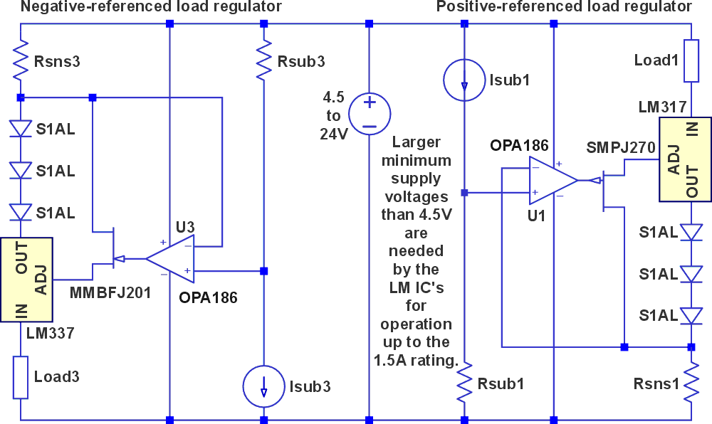 Replacing the ADJ terminal-connected diodes with JFETs preserves startup protection for the LM ICs.