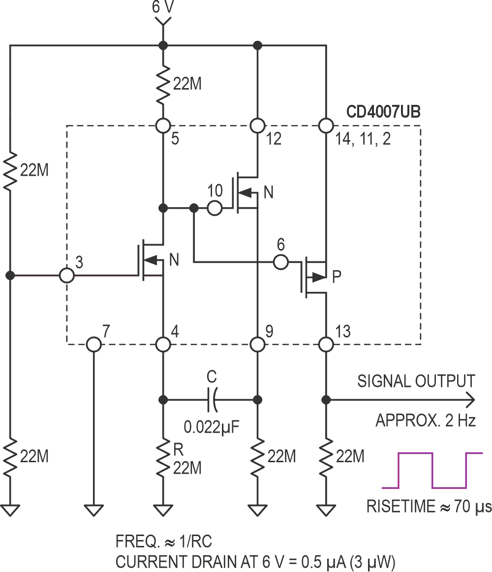 Micropower CMOS oscillator, draws only 0.5 µA