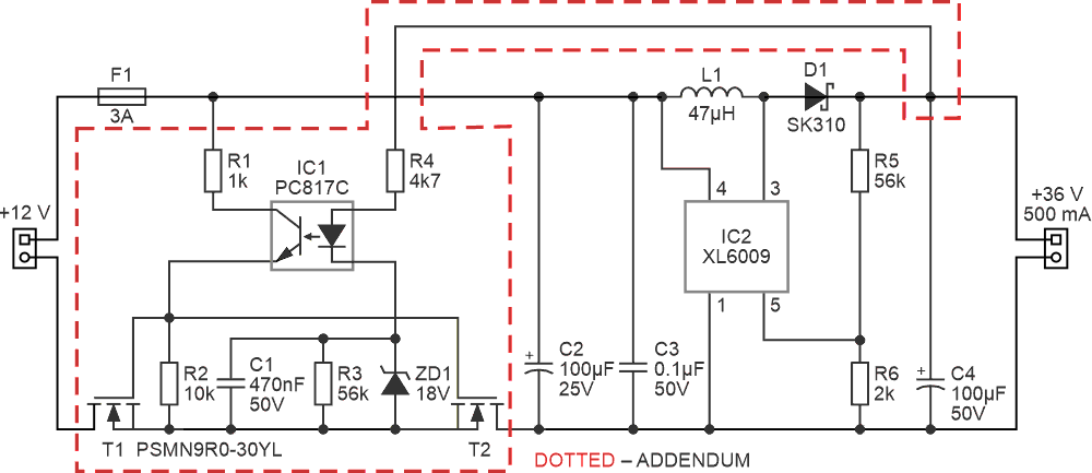 A simple boost converter with added protection circuitry (inside the dashed line).