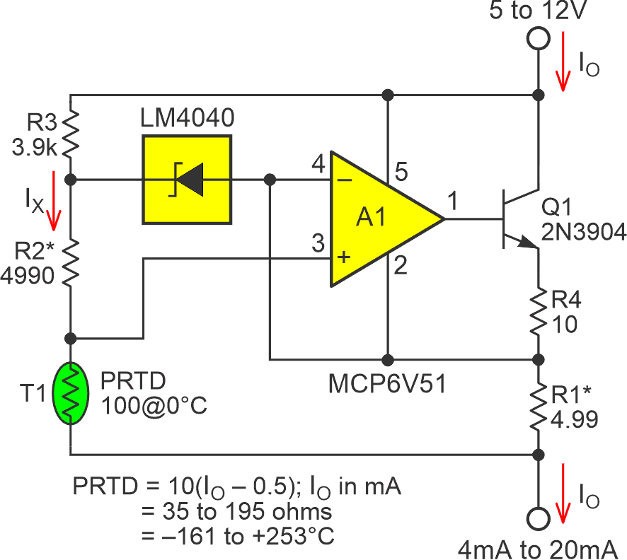 PRTD current loop sensor with IX = 500 µA constant current excitation.