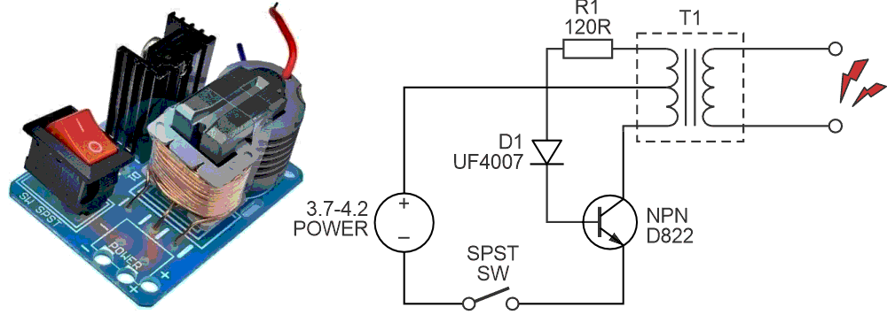 The schematic diagram demonstrates how the kit produces high voltage through a minimal circuit design.