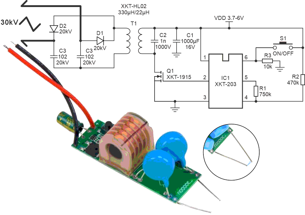 The 30-kV module achieves high-voltage generation through an elegantly minimal design.