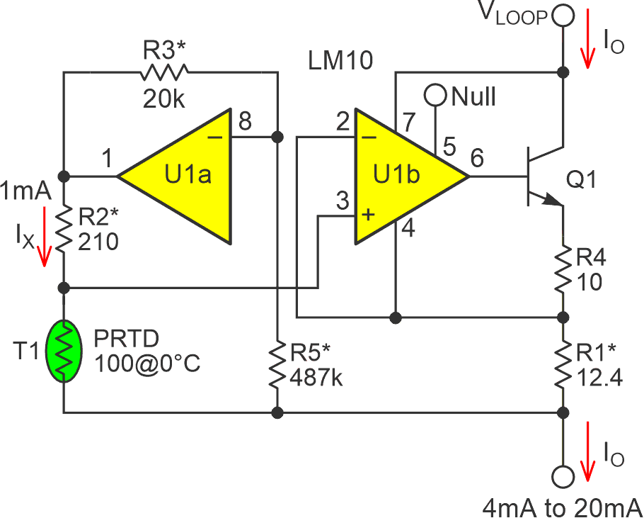 A PRTD transmitter based on the classic LM10 op-amp plus a 200 mV precision reference combo.