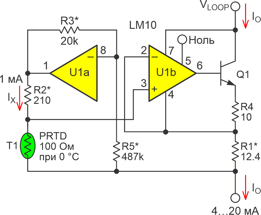 Передатчик PRTD на базе классической микросхемы LM10, объединяющей операционный усилитель и прецизионный источник опорного напряжения 200 мВ.