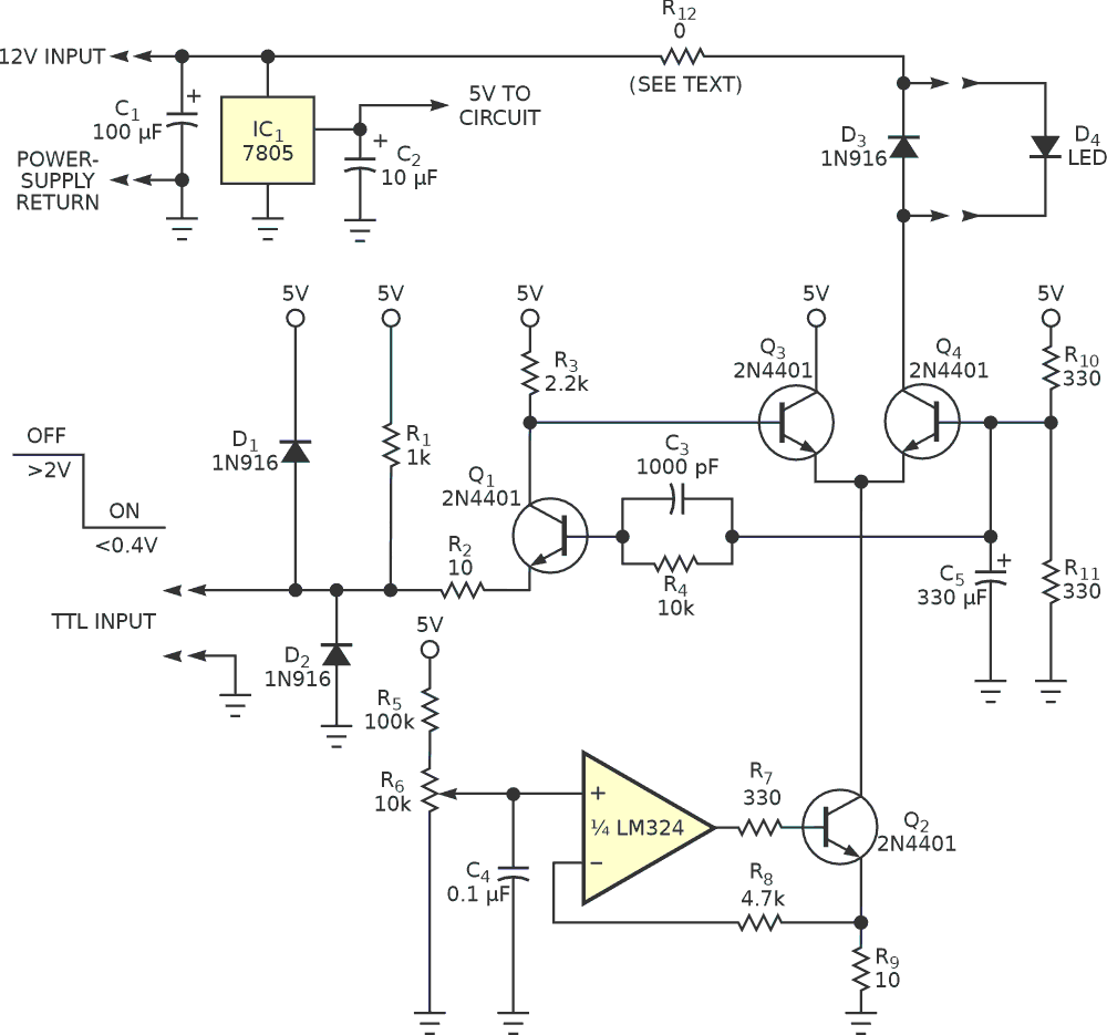 This circuit delivers a stable, precision dose of current to an LED.