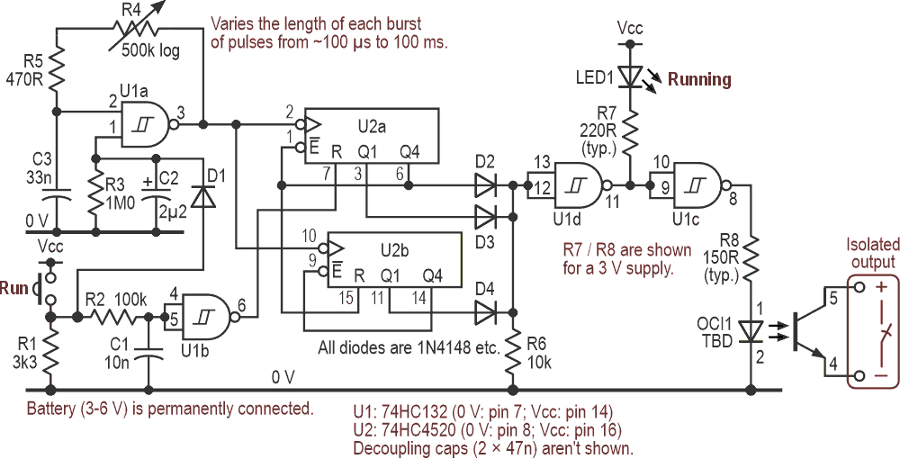 This contact-bounce simulator generates brief bursts of pulses when the Run button is either pressed or released, the burst durations ranging from about 100 µs to 100 ms. The optocoupler provides an isolated output that can pull up or down as needed.
