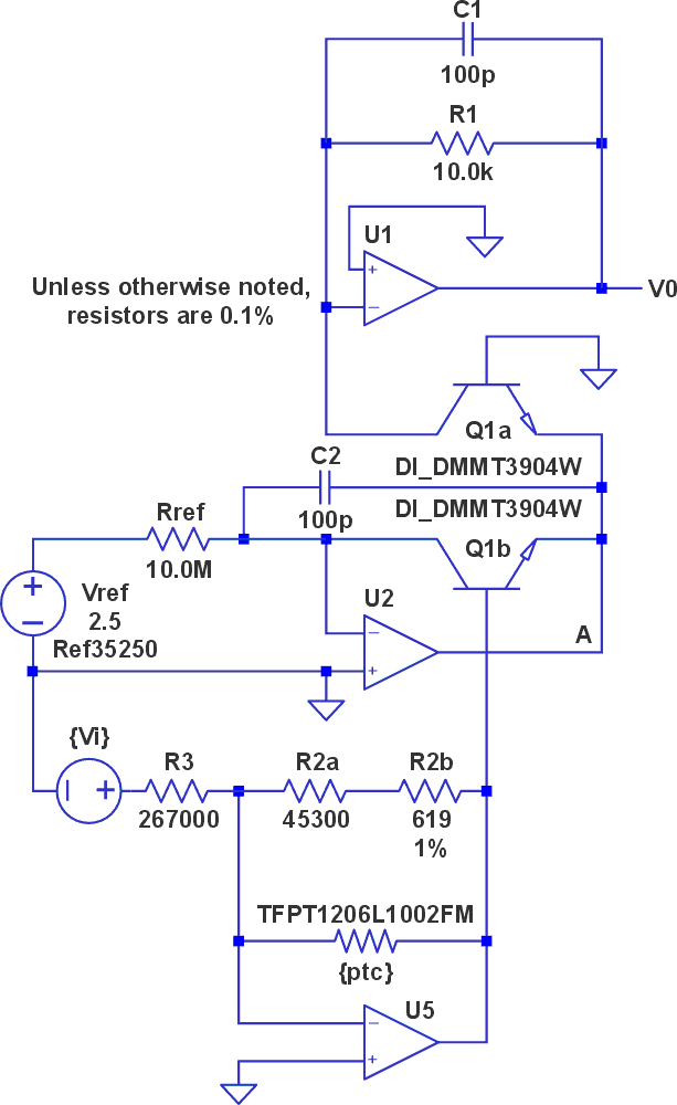 The simulated circuit with R2A, R2B, and R3 chosen with the help of Excel's Solver. A specific matched pair of transistors has been selected, along with values for resistors R1 and RREF, and a voltage source VREF.