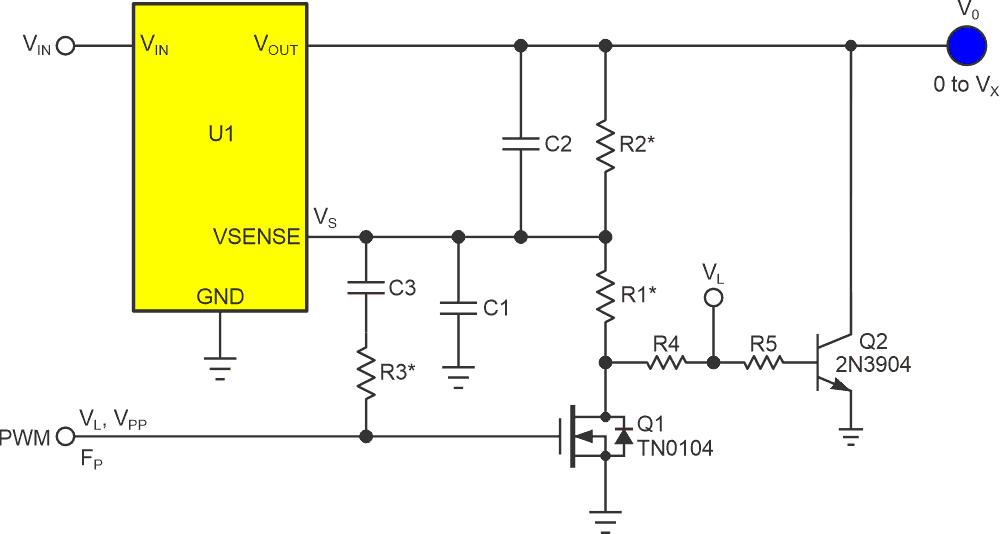 Ten discrete parts comprise a circuit for linear regulator programming with PWM.