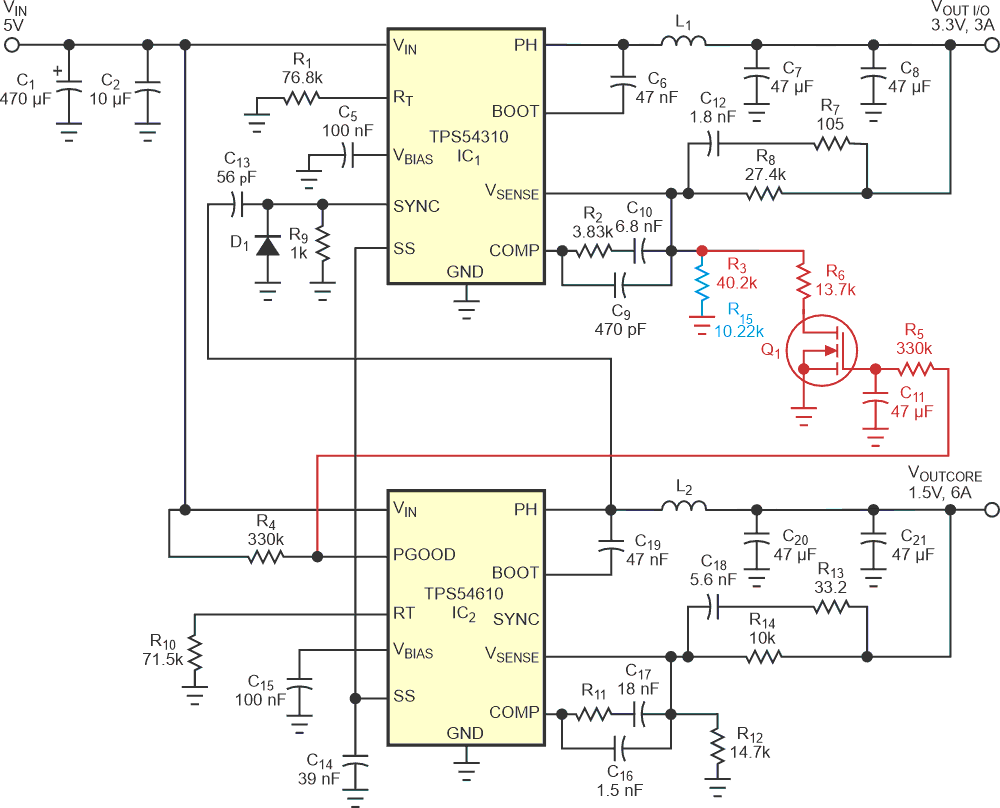 This circuit provides ratiometric (delete red path and components) or simultaneous power-up sequencing.