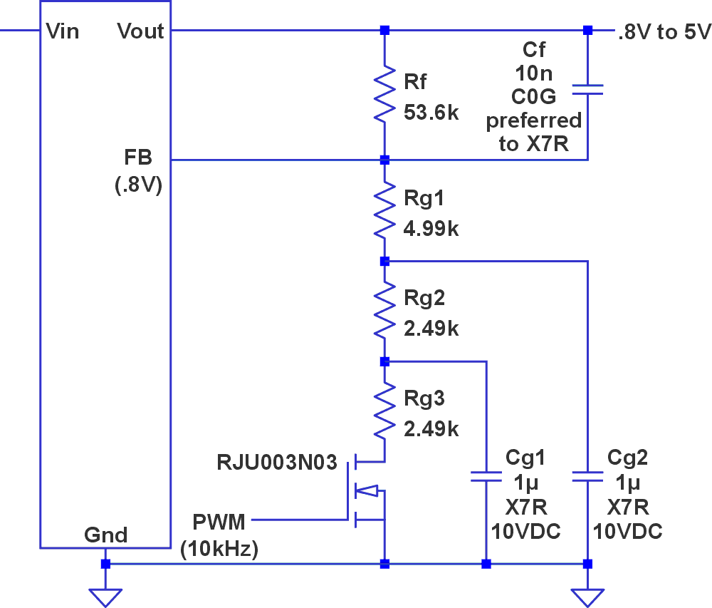 A specific instance of a PWM-controlled regulator with ripple suppression. Only a linear regulator is shown, but the adaptation for switcher operation entails only the addition of an inductor and a filter capacitor.