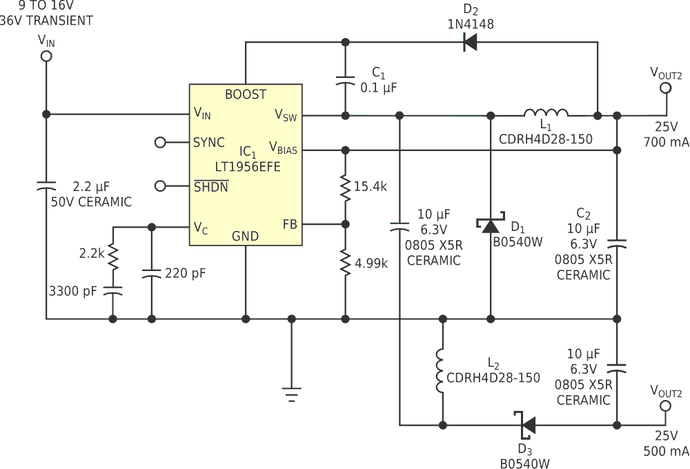 This dual-polarity DC/DC converter uses a single-switch buck regulator.