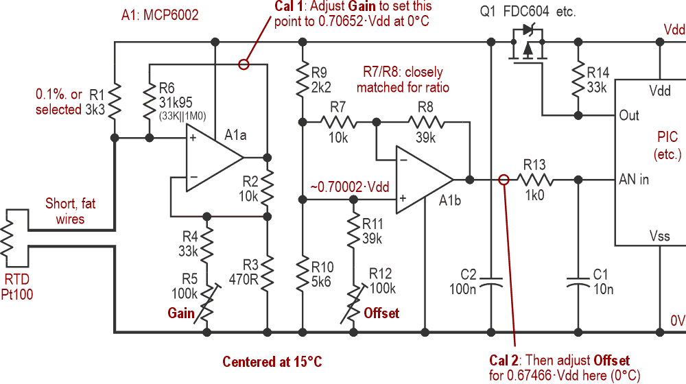 The final, workable circuit. Amplification and offsetting are now separate, making calibration much easier.
