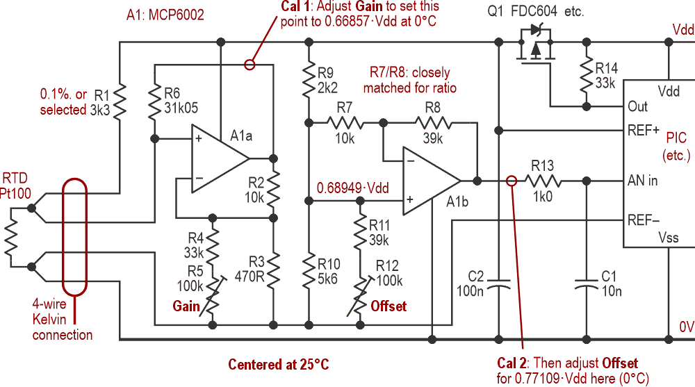 Long leads to a PRTD can cause offset errors. Using a 4-wire Kelvin arrangement minimizes these. If the µC's A-D has external reference-voltage pins, they can be driven from the circuit for (notionally) improved accuracy.