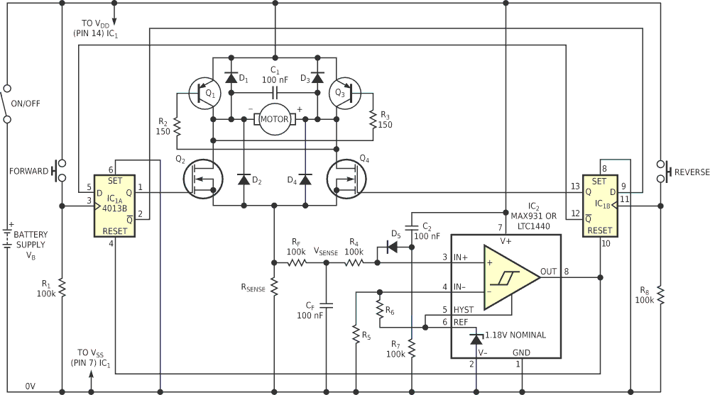 This latching motor controller uses current sensing, rather than switches, to stop the motor.
