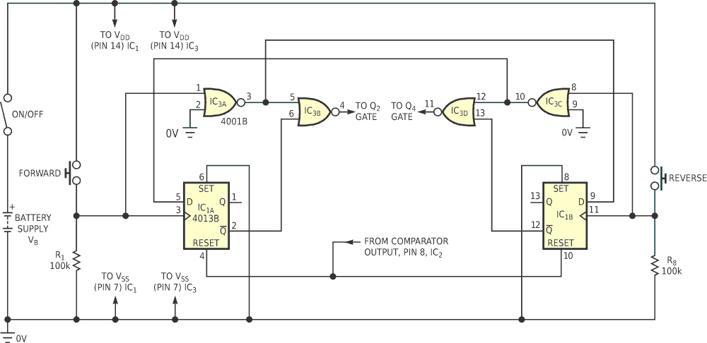 This addition to the circuit in Figure 1 yields a nonlatching controller, in which the motor runs only when the associated switch is closed.