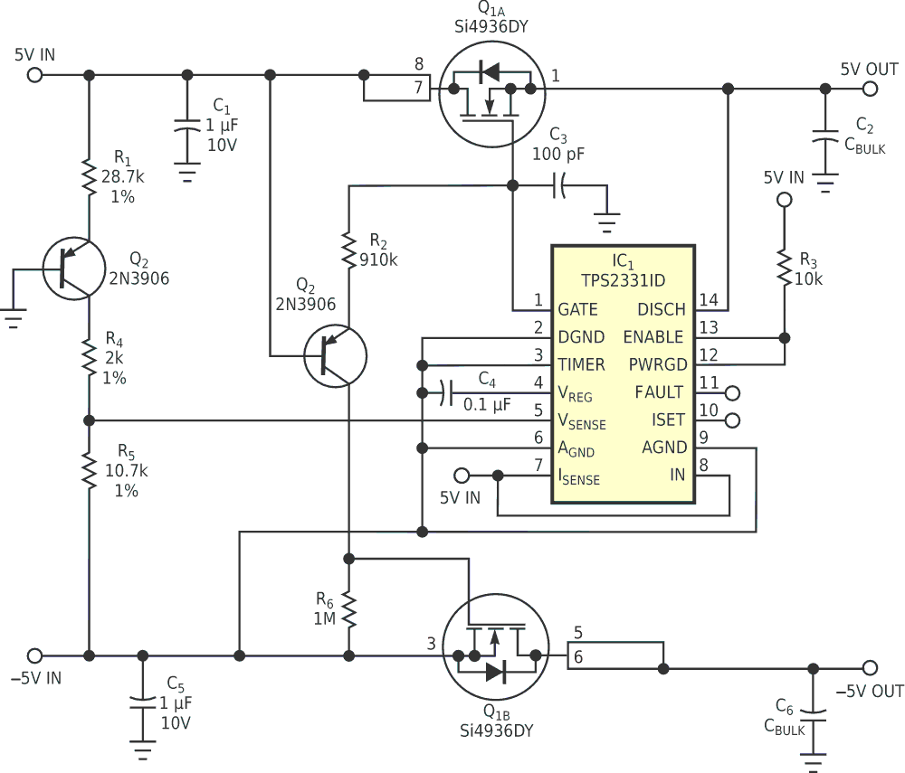 This circuit is a dual-polarity voltage sequencer for low-voltage applications.