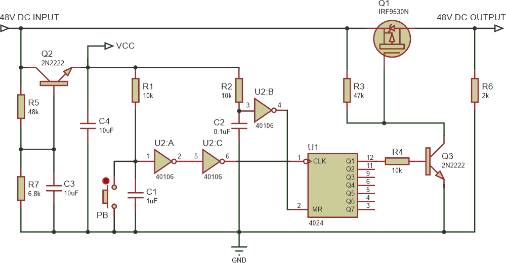 VCC is around 5 V and should be connected to the VCC of the ICs U1 and U2. The grounds of ICs U1 and U2 should also be connected to ground (connection not shown in the circuit). Switching is done in the high side, and the ground is the same for the input and output. Note, it is necessary for Q1 to have a heat sink.