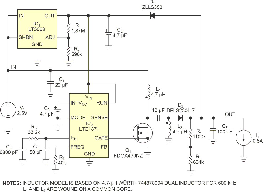 The power supply can provide a 3.3 V output from 2.5 to 20 V input voltages. It needs 2.5 V to start.