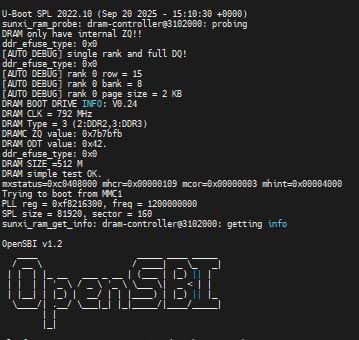 Вывод загрузчика U-Boot и OpenSBI при старте системы.