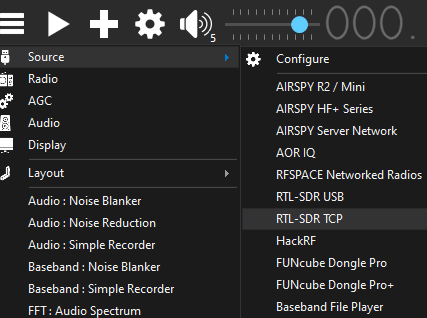 Выбор RTL-SDR TCP в качестве источника сигнала в SDR Sharp.