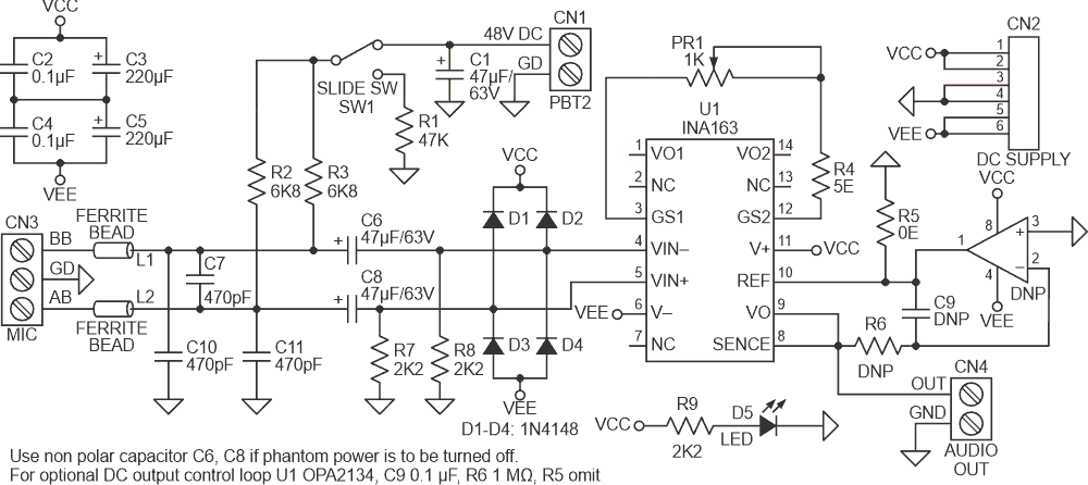 Schematic diagram of a phantom powered microphone preamplifier.