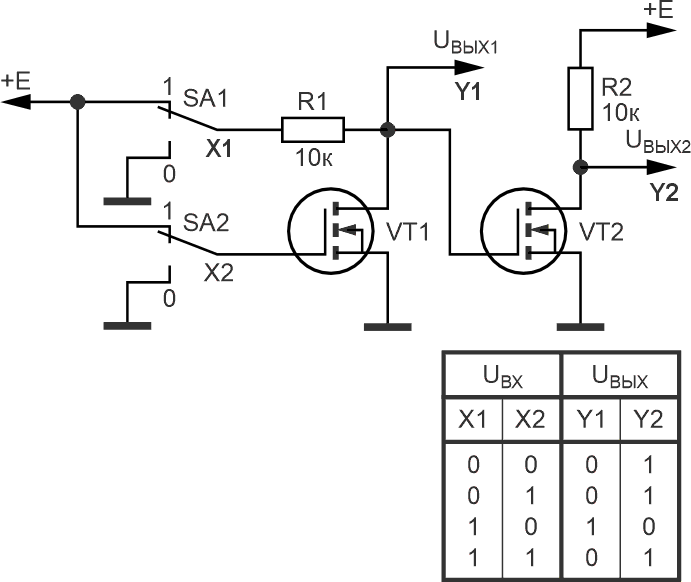 Электрическая схема эквивалента логического элемента «Импликатор» и его таблица истинности.