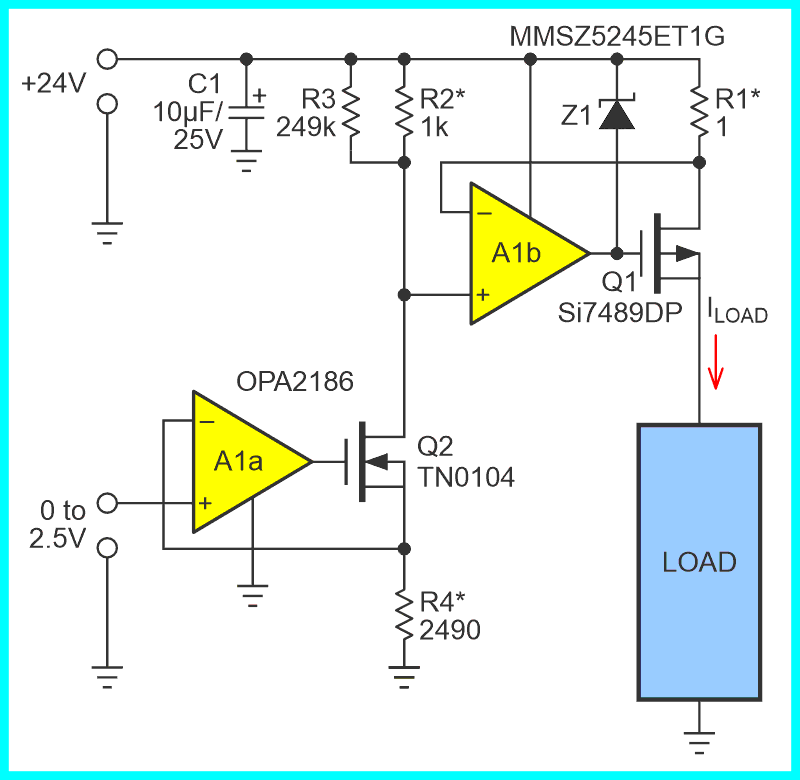 An improved efficiency precision current source has no overtemperature protection. With no protection, if the Q1 heatsink is inadequate, high power or ambient temperature might destroy it.