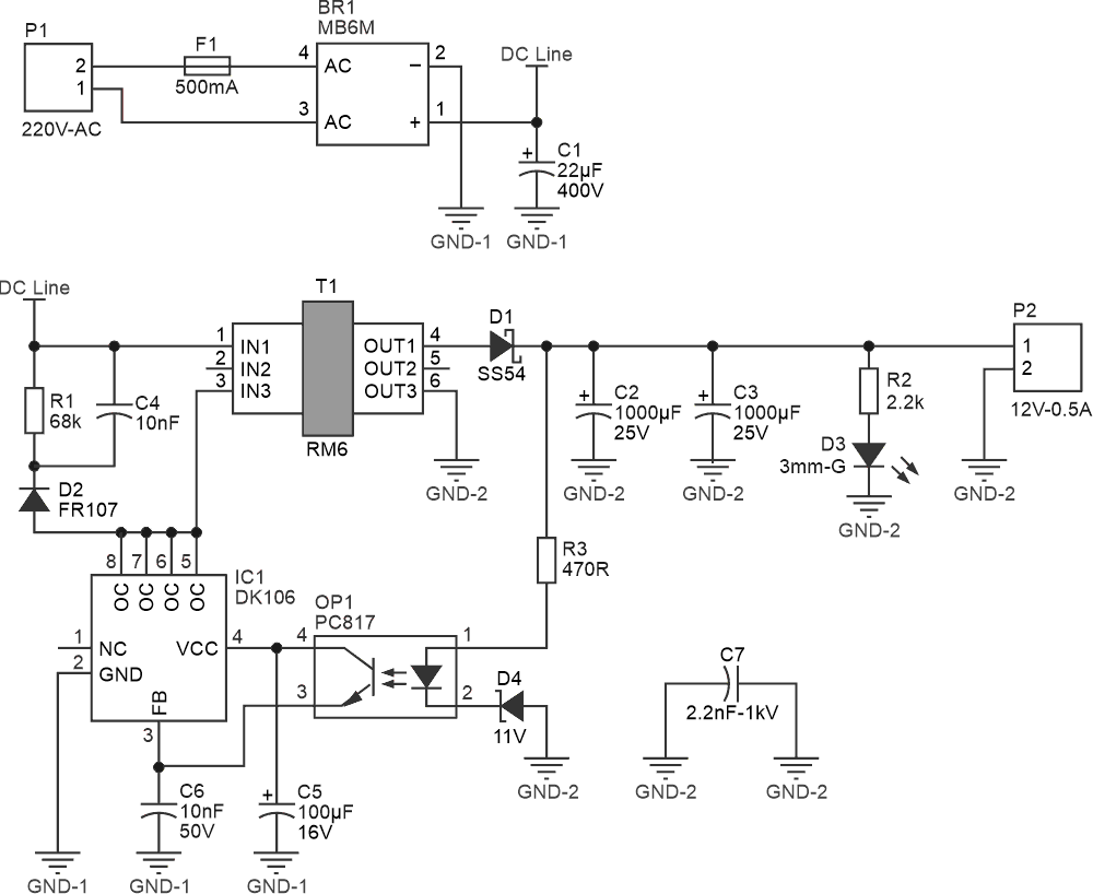 Schematic diagram of the 85 VAC-260 VAC to 12 V-0.5 A AC-to-DC Isolated Flyback Converter.