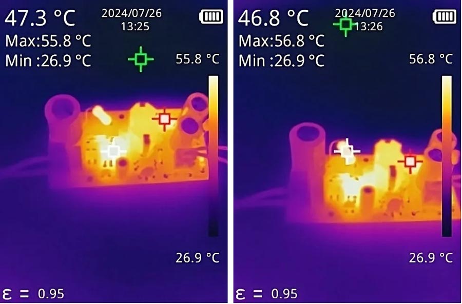 Тепловой портрет компонентов (ток нагрузки 500 мА в течение 15 мин). Входное напряжение 220 В.