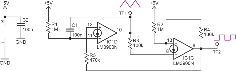 Bring this LM3900-based triangle/square waveform generator circuit to life and trace its quiet Norton-style elegance.