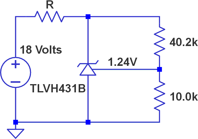 The test jig for TLVH431B spectral noise. There was no significant difference in the results shown in Figure 7 when values of 1 kΩ and 10 kΩ were used for R. 100 kΩ and 1 MΩ resistances supplied insufficient currents for the devices' operation.
