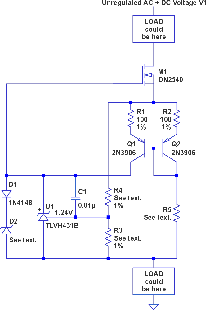 This circuit delivers predictable currents to U1 and M1 and therefore to a load. It's a true two-terminal current source which accommodates load connection to both low and high side.