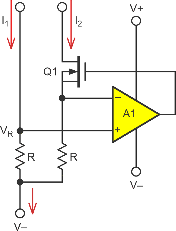 An active current sink mirror. Assuming resistor equality and negligible A1 offset error, A1 feedback forces Q1 to maintain accurate current sink I/O equality I2 = I1.
