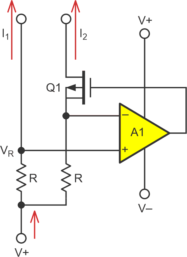 An active current source mirror. This is identical to Figure 1, except this Q1 is a PFET and the polarities are swapped.
