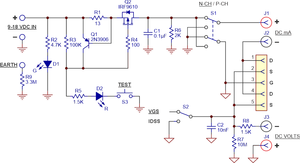 Characterizing JFETs using a socket arrangement. The fixture requires the use of two DMMs.
