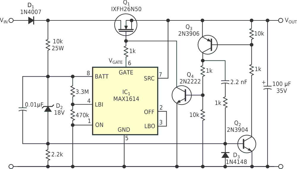 This circuit protects a load, connected to the right pair of terminals, from undervoltage and highvoltage transients in the supply voltage, connected to the left pair of terminals.