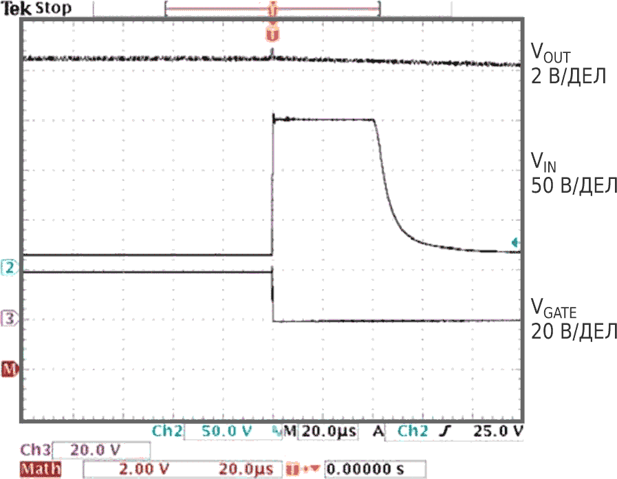Подача импульса амплитудой 150 В на вход питания VIN схемы на Рисунке 1 практически не влияет на выходное напряжение VOUT.